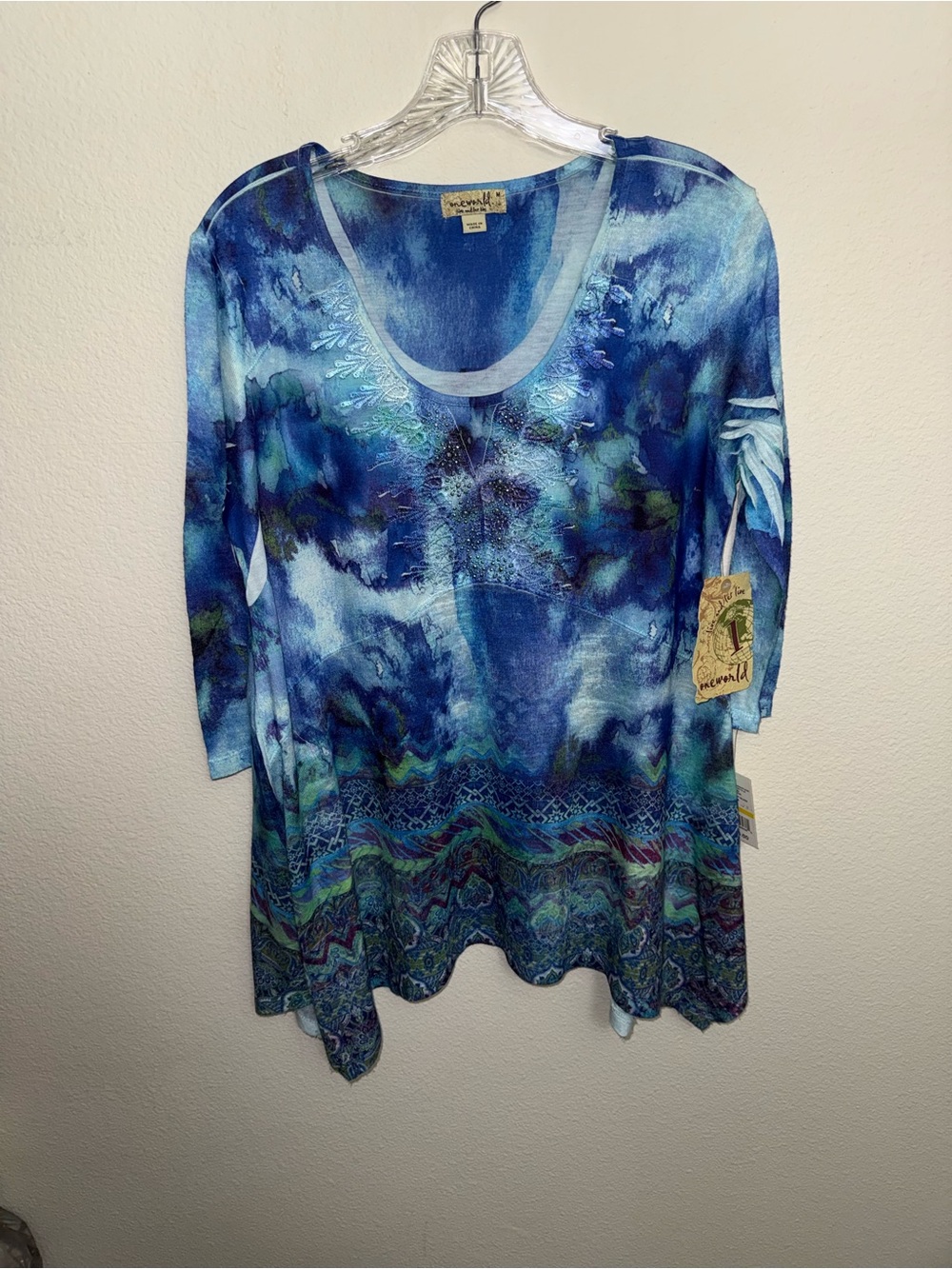 ONE WORLD Blue Multi-Pattern Scoop Neck Tunic